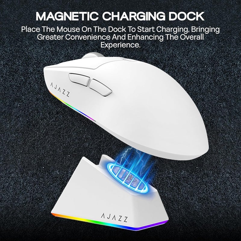 MechLands AJAZZ AJ139 V2 MC Gaming Mouse with Charging Base, Adjustable 12,000 DPI, PAW3311 Sensor, 3 Modes Wireless Mouse, 500mAh Battery, 1000 Polling Rate, 66g Lightweight, Win/Mac (White) - Image 4